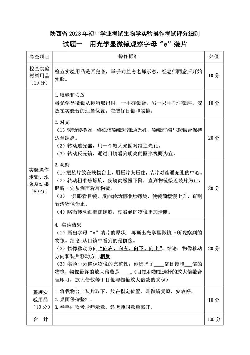 陕西中考-生物实验考试操作视频实验操作真题及评分标准
