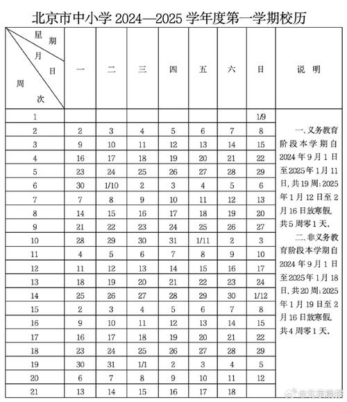 北京中小学开学及寒假时间确定