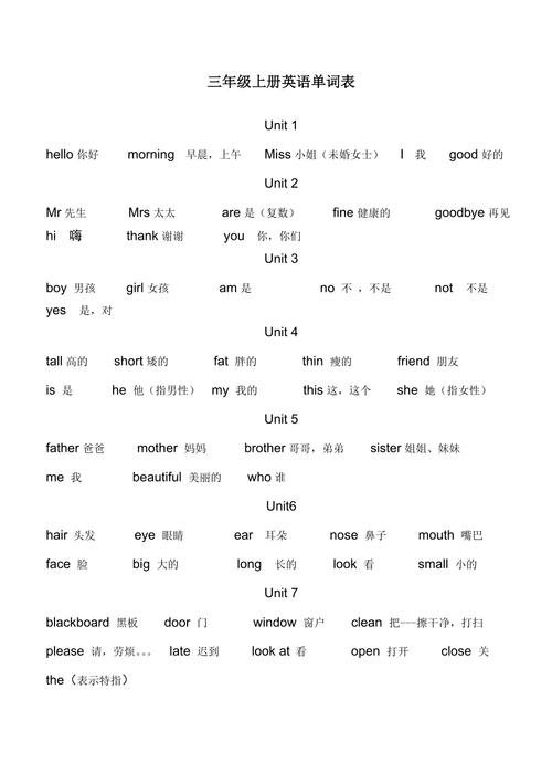 pep三年级上册unit1-unit3单词，可打印