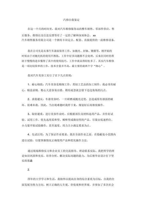 汽修技师自评报告:技能精进,服务至上